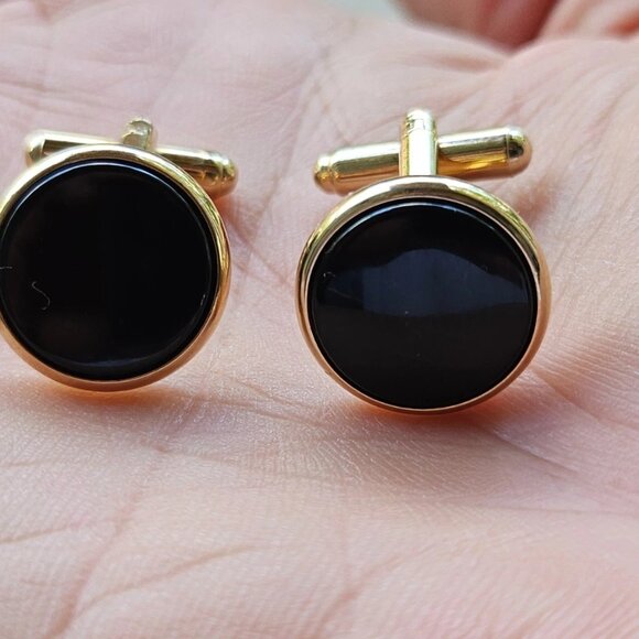 Men Shirt Cuff Links Gold Tone Fashion Men Jewelry Black Centered Cufflinks - Picture 5 of 11